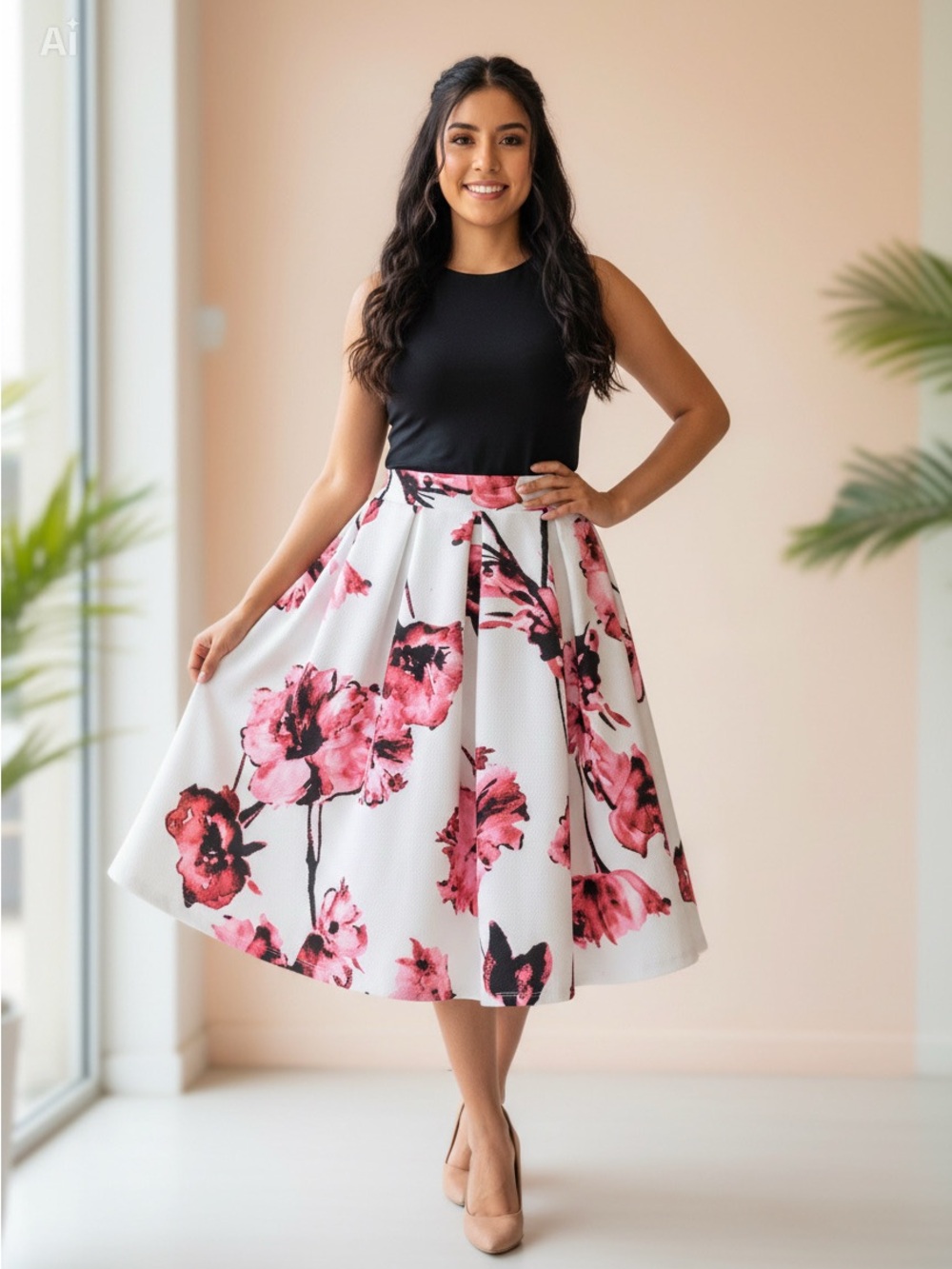 Haute Monde White Midi Skirt with Pink & Black Floral Print
